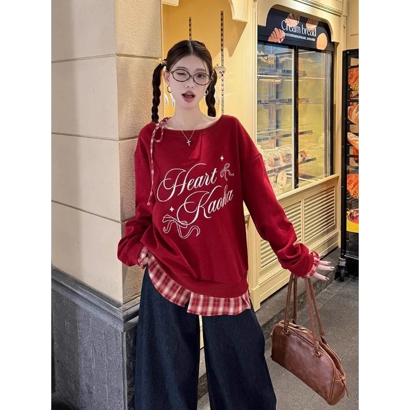 

Красный клетчатый искусственный свитшот из двух частей для женщин осенью и зимой, новый дизайн, нишевая повседневная верхняя куртка