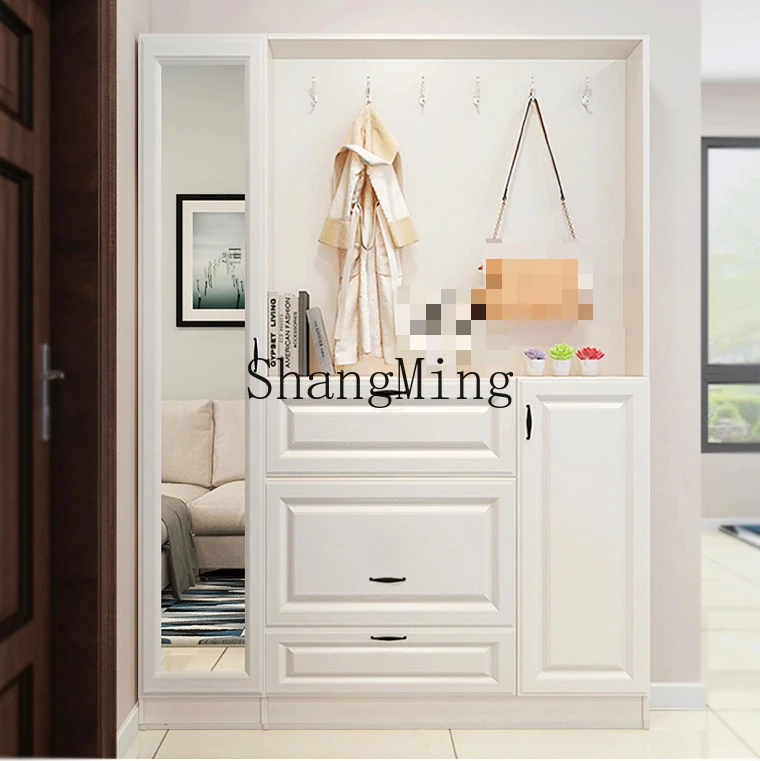 

SM solid wood into the door shoe cabinet coat rack integrated combination ultra-thin foyer multi-function with mirror