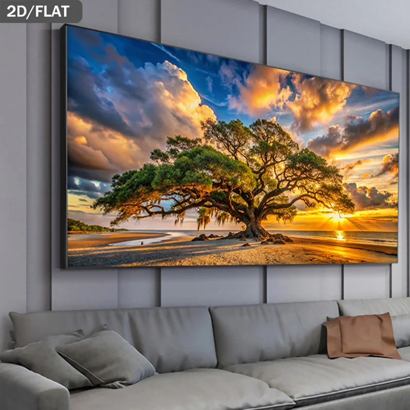 2D Flat, Frameless Canvas Art Depicting Sunset Behind A Tree on The Beach, Modern Wall Decor Perfect for Living Room and Bedroom