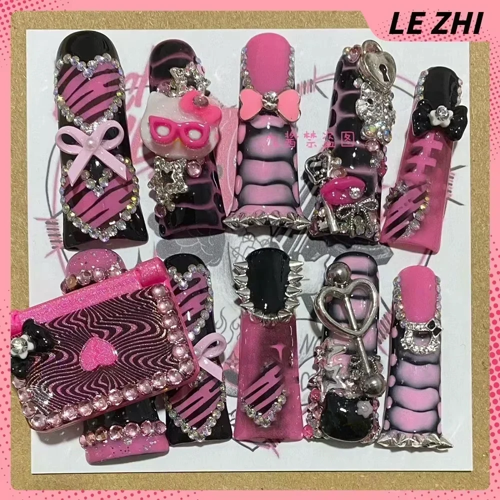 Y2K Spice Girl Long Duck Feet Press on Fake Nails Punk Pink Metal Rivet Luxury Handmade Glisten Fake Nails Tips Woman Party Gift