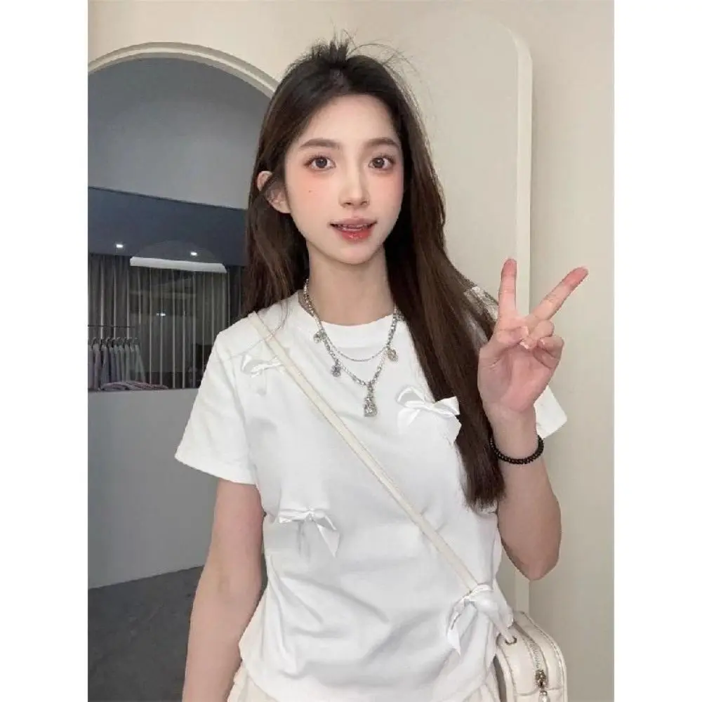 Fashion Ballet Bowknot T Shirts Short Sleeve Round Collar Women Top Solid Color Japanese Style Ribbon Crop Tank Top Women Girl
