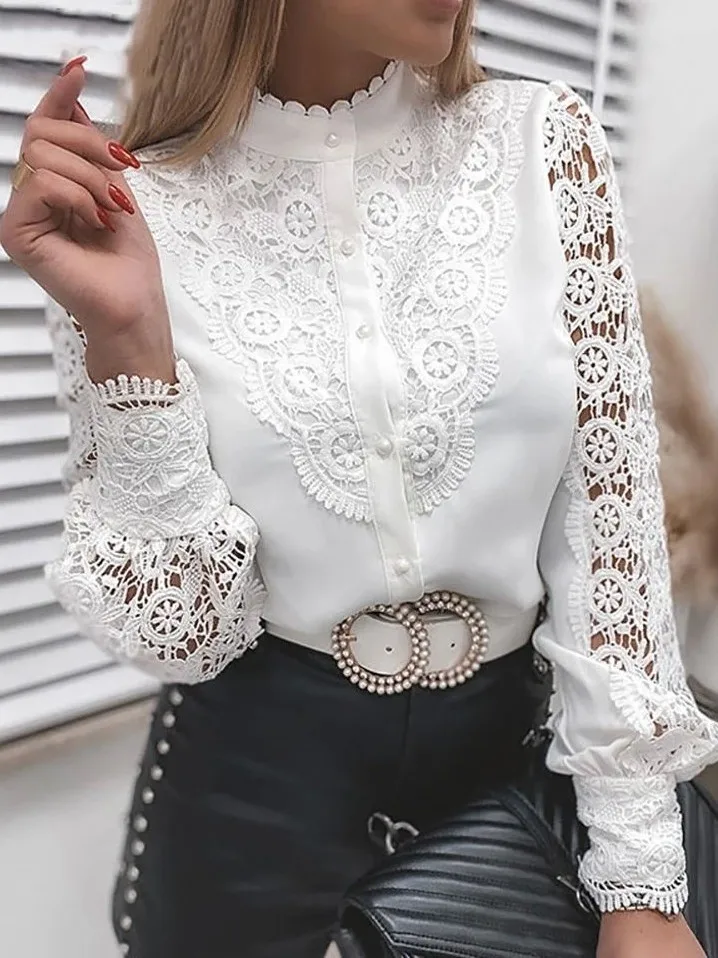 

Lace Hollowed out Long Sleeve Women's Shirt European Style Loose Fit Breathable Skin-Friendly Casual Fashion Girl's Top