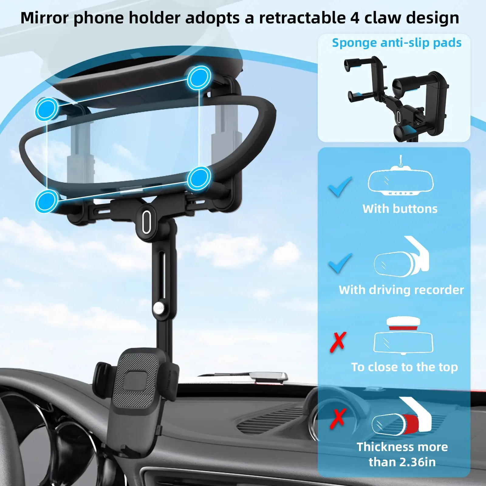 

Car Rearview Mirror Phone Mount Multipurpose for Smartphones Adjustable Car