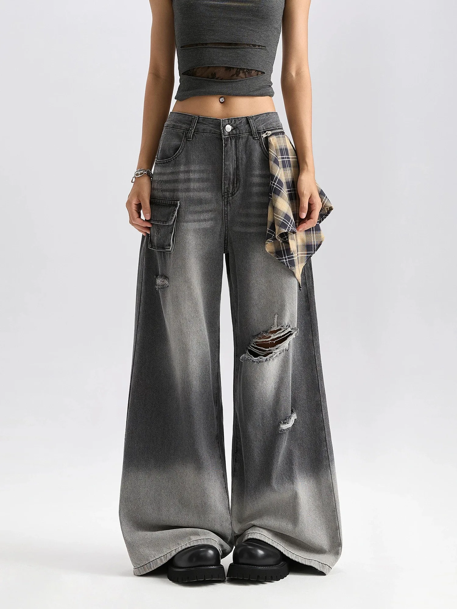 

Y2K широкие джинсы женские американские ретро пердежные брюки с занавеской черные серые свободные прямые брюки длиной до пола осень новинка