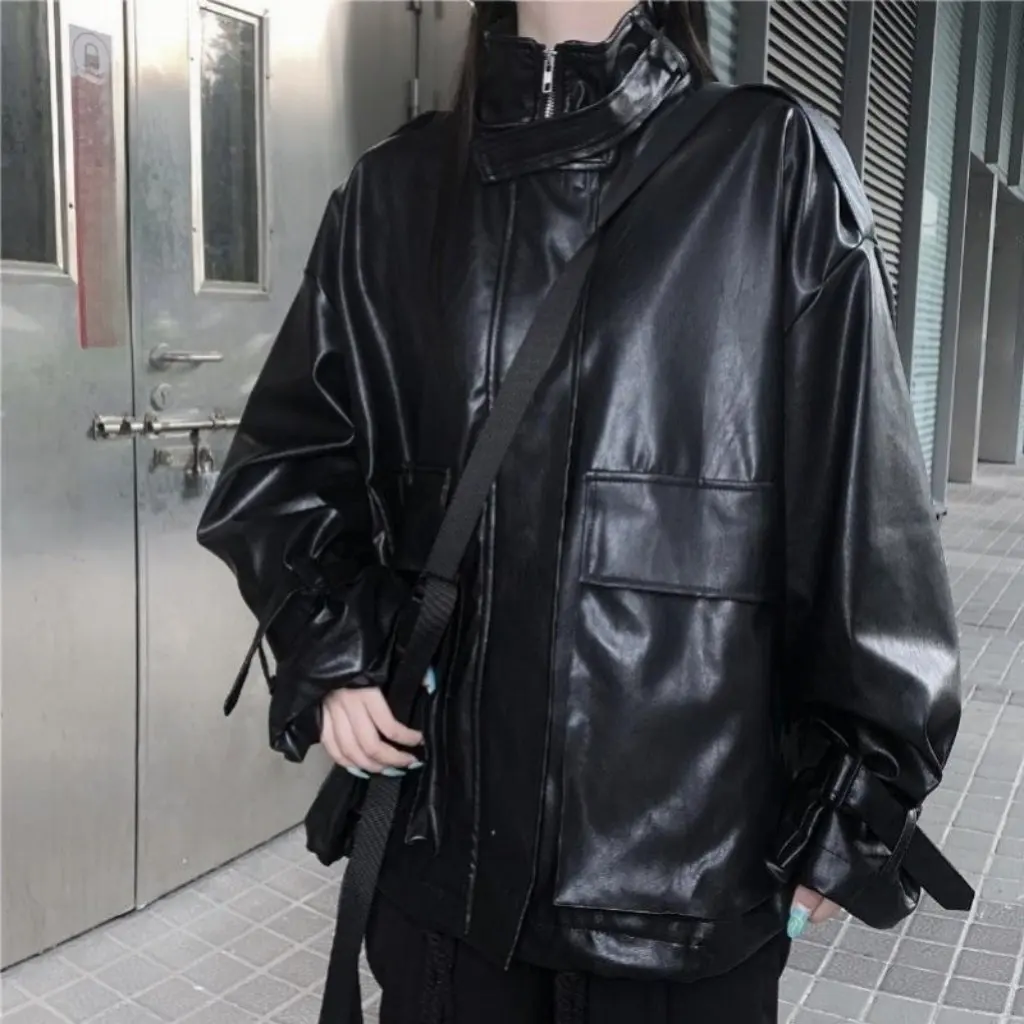 Chaqueta de cuero PU de manga larga con cordón estilo Retro de Hong Kong para mujer, ropa de abrigo holgada y versátil de moda coreana para primavera y otoño