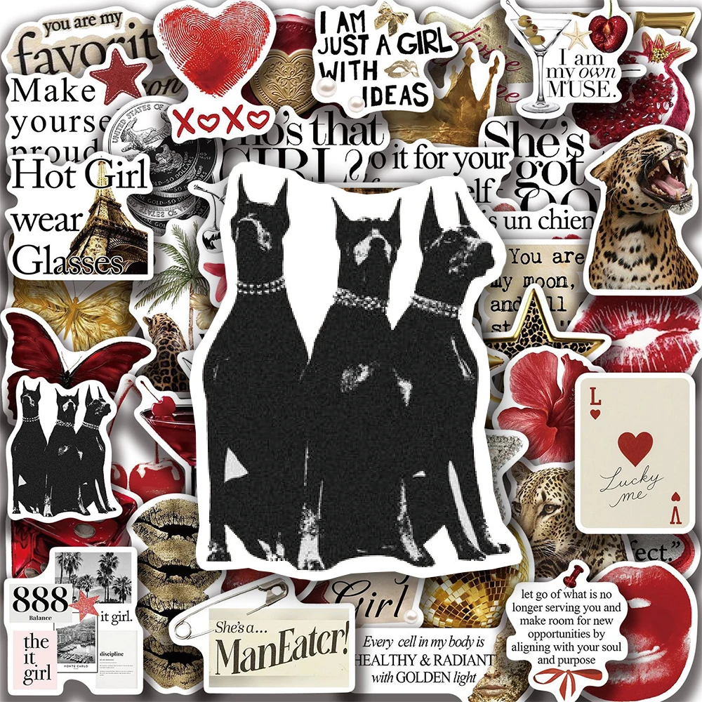 

10/30/50pcs INS Gold & Red Art Aesthetic Graffiti Stickers Waterproof Graffiti Decals DIY Luggage Phone Bike Cute Sticker Decor