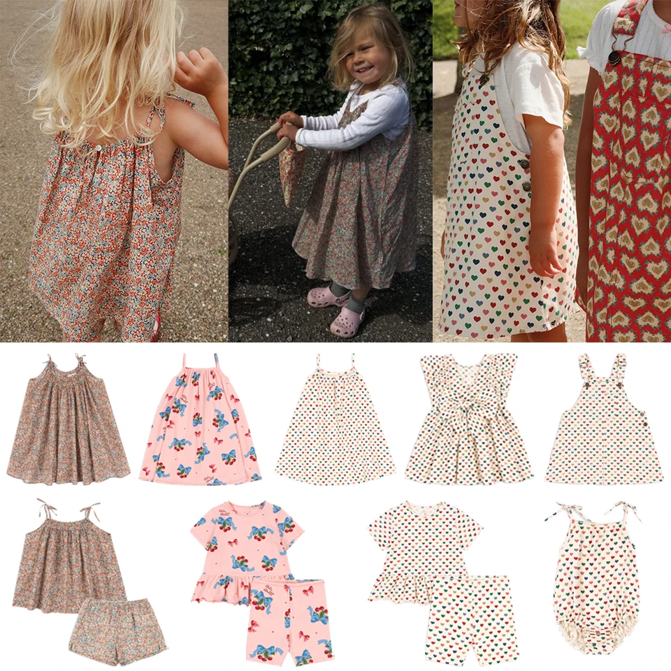 

New 2025 KS Girl Heart Full Print Dress Girls Floral Slip Tops Shorts Set Kids Vacation Short Sleeved Sets Children Clothes Suit