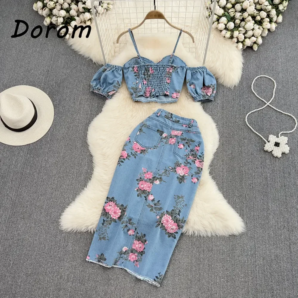 Denim w stylu Vintage z nadrukiem w kwiaty, dwuczęściowe, damskie letnie, sznurowane dżinsy z dekoltem w szpic, krótki Top, nieregularna spódnica