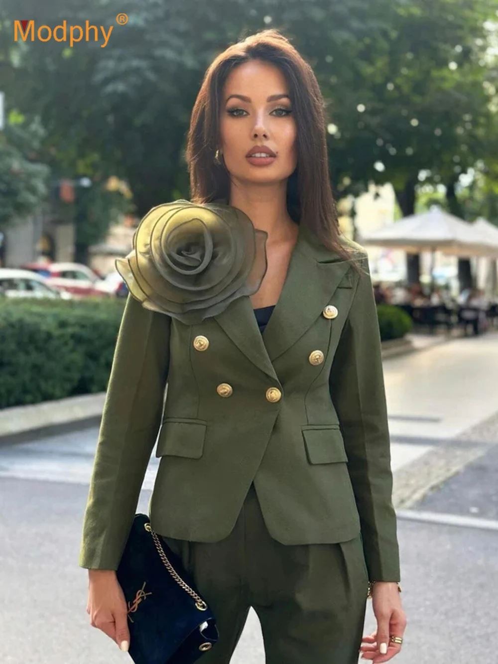 

Modphy 2024 New Women Blazers Fashion 3D flower Double breasted slim Dark green Blazer Elegant ladies Long Sleeve Suit Coat