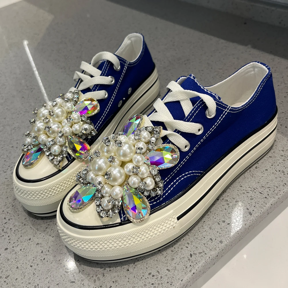 4cm Platform Women Canvas Shoes Big Crystal Flowers