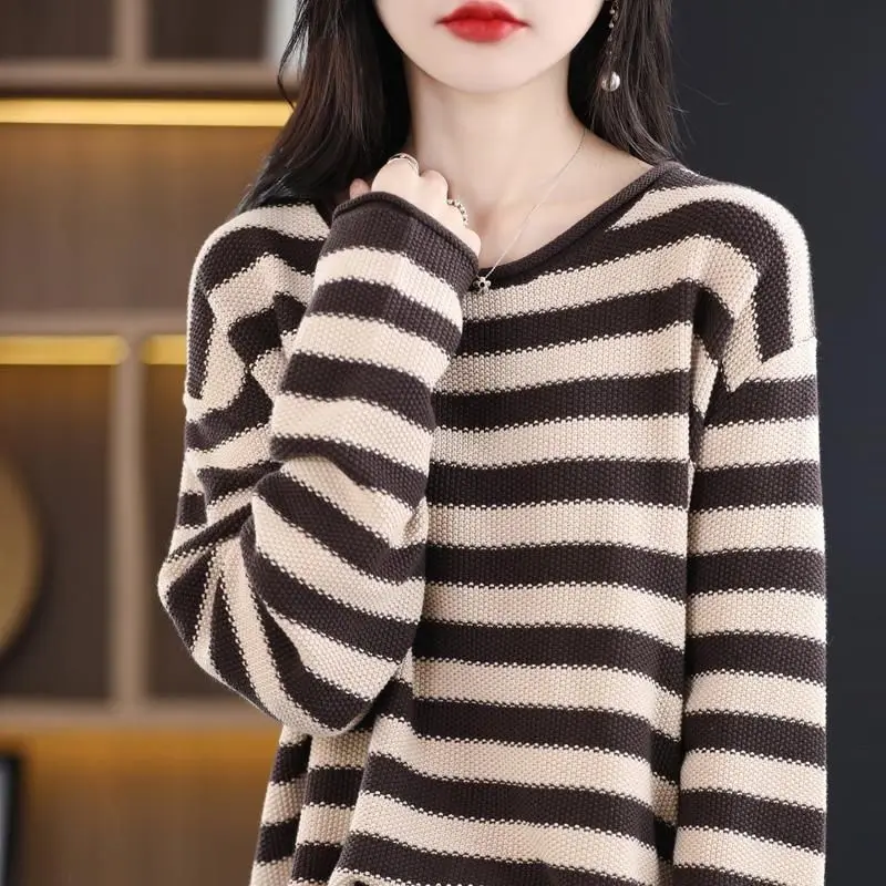 New Spring and Autumn Fashion Lazy Style Retro Stripe Contrast Round Neck Loose Versatile Slim Long Sleeve Women's Sweater