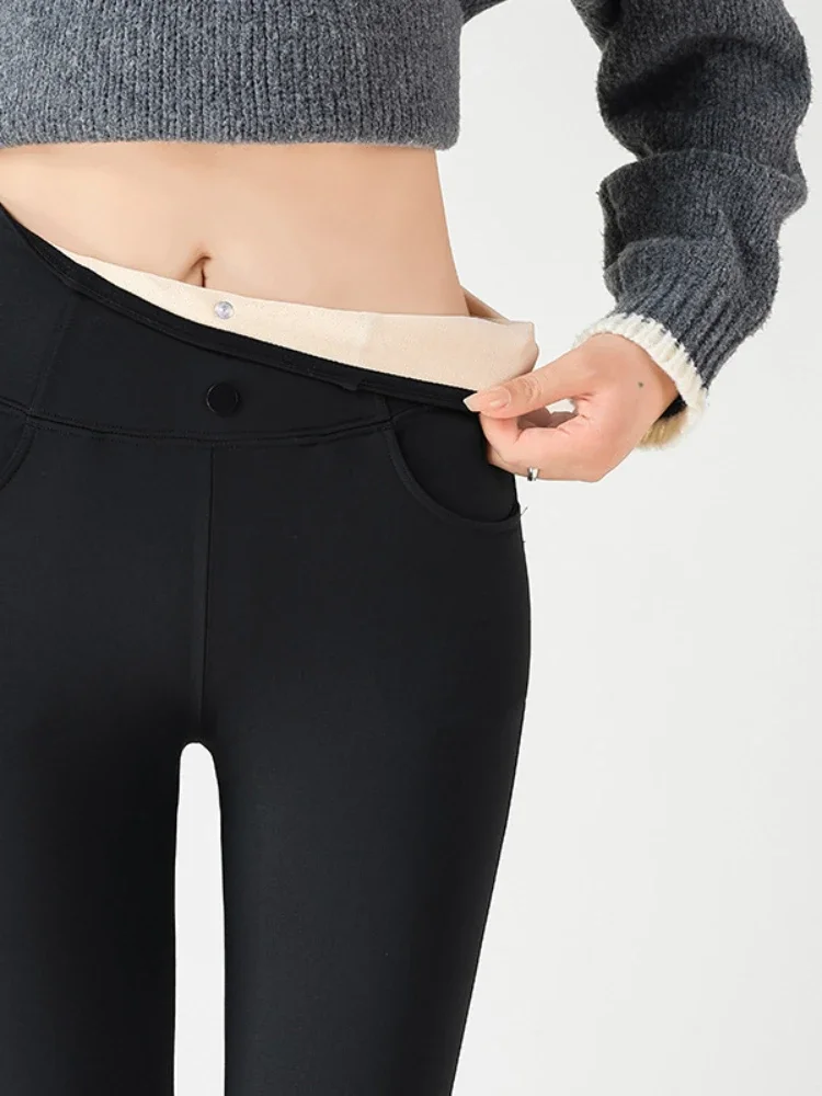 Leggings de poche noirs pour femmes, pantalons crayon taille haute, velours thermique, sourire serré, vêtements sexy, automne et hiver