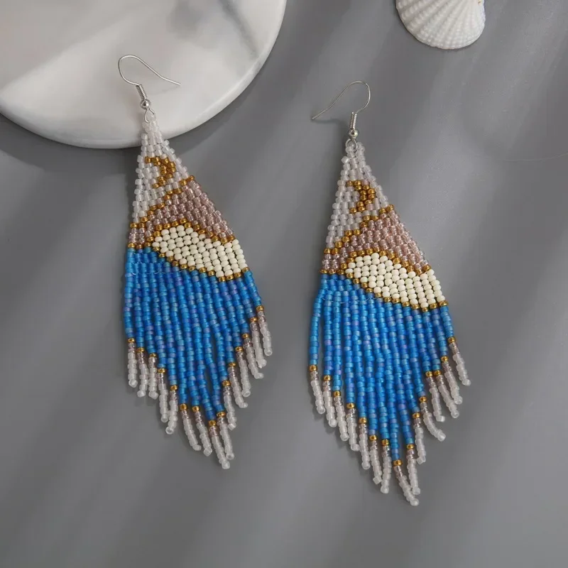 Rice bead earrings Tassel landscape View Moon Design Hand knitting Bohemia Alloy Fashion Simple Beaded earrings image 3