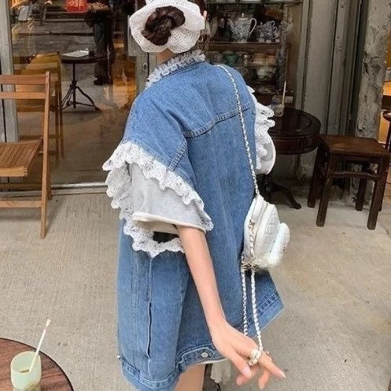 French Style Lace Flower Detail Denim Loose Vintage Premium Slim Fit Women's Trendy Outwear All-match Moda Hot Sel
