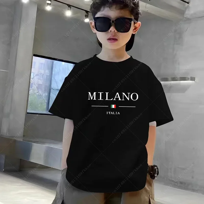 2024 Children Summer Milano Letters Print T-shirt Boys Short Sleeved Luxury Tees Kids Clothing Loose Pure Cotton Soft Girls Tops