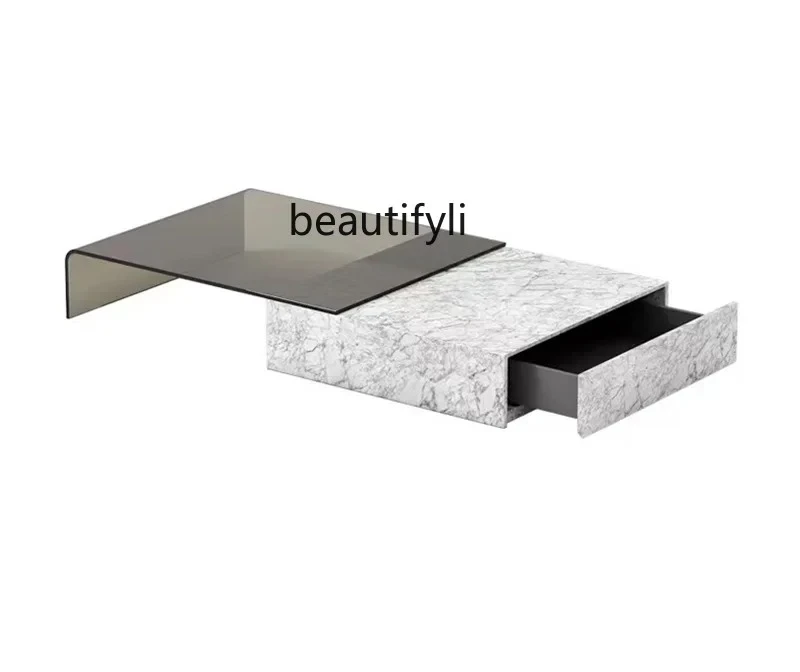 

Nordic Light Luxury Minimalist Sofa and Tea Table Small Apartment Home Living Room Marble Glass Set