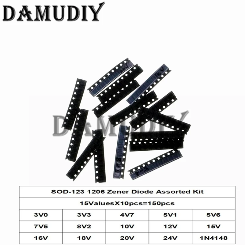 150pcs/Lot 0.5W SMD Zener Diode Kit SOD-123 1206 15Values Each 10pcs 3V-24V 1N4148 DIY Sample Set