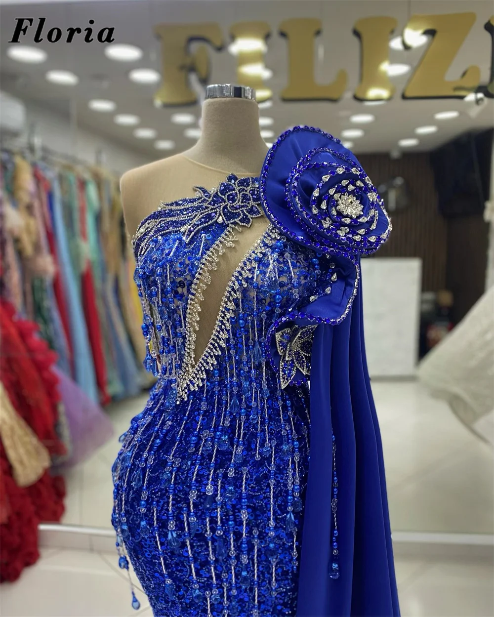 

Royal Blue One Shoulder Celebrity Dresses Elegant Dubai Beading Tassel Wedding Party Dress Robes De Soiree Evening Dress Custom