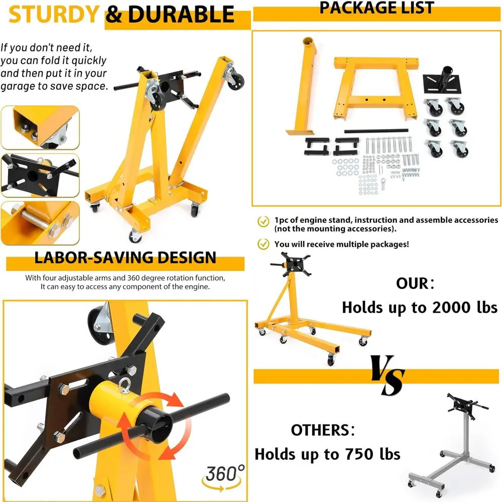 

Усиленный 360-градусный поворотный механизм ° Поворотная подставка для двигателя для ремонта автомобилей и грузовиков, грузоподъемность 2000 фунтов, регулируемые крепления, желтая.