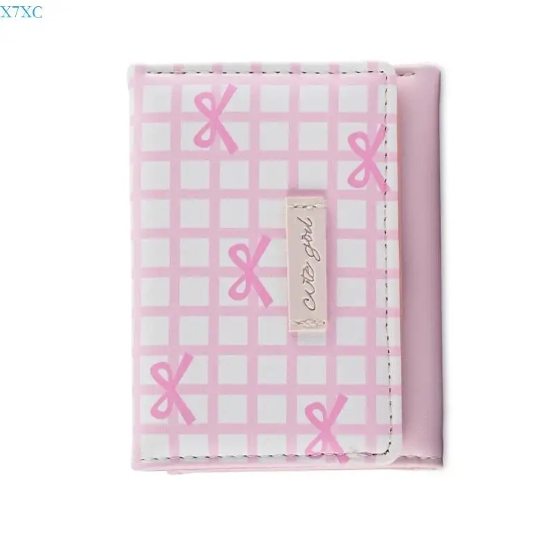 X7XC Stylish Short Purse Striped Texture PU Leather Bows Detail Compact Cash Pocket