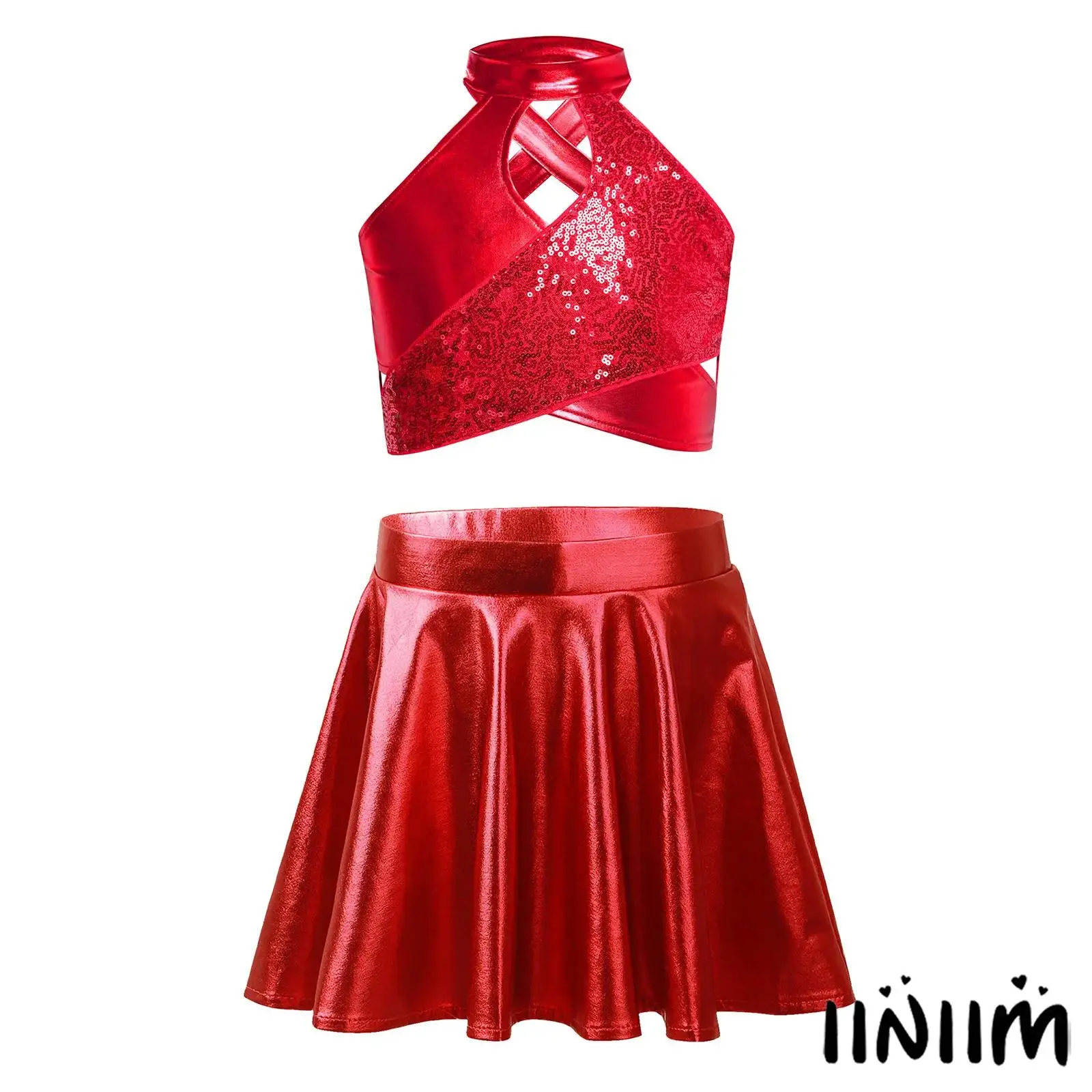 

Girl's Metallic Sequin Crop Top Keyhole Cross Design Shiny Sleeveless Dance Top + Ruffled Skirt Set for Jazz Ballet Performances