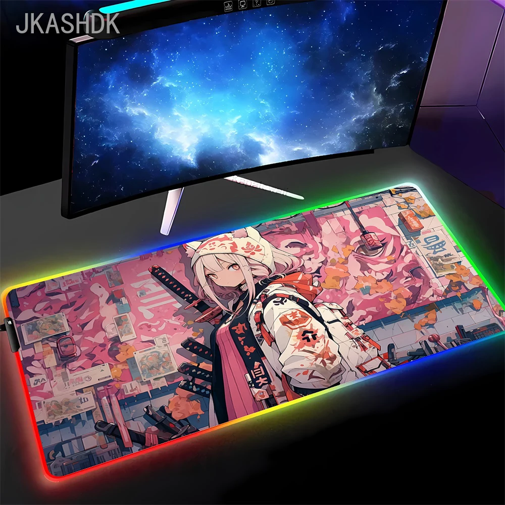 Kawaii Rosa HD Mouse Pad RGB PC Anime Girl Tastiera Mousepad LED Laptop Pc Accessori da gioco Cool Desk Mat XXL Tappeto colorato