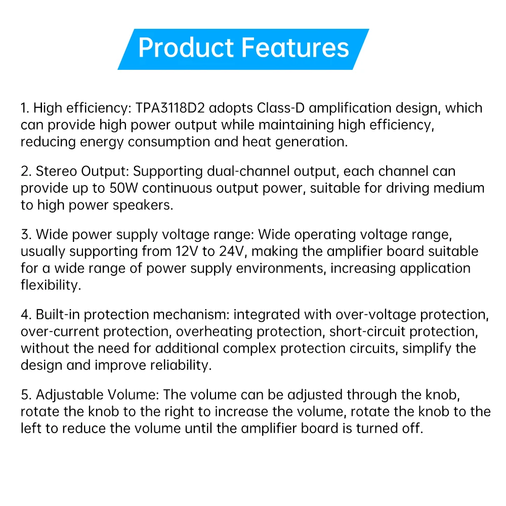Amplifier Audio DC 12V ~ 24V, Amplifier 2.0 saluran 50W * 2 HiFi Stereo Bluetooth 5.0 Volume dapat disesuaikan dengan perlindungan