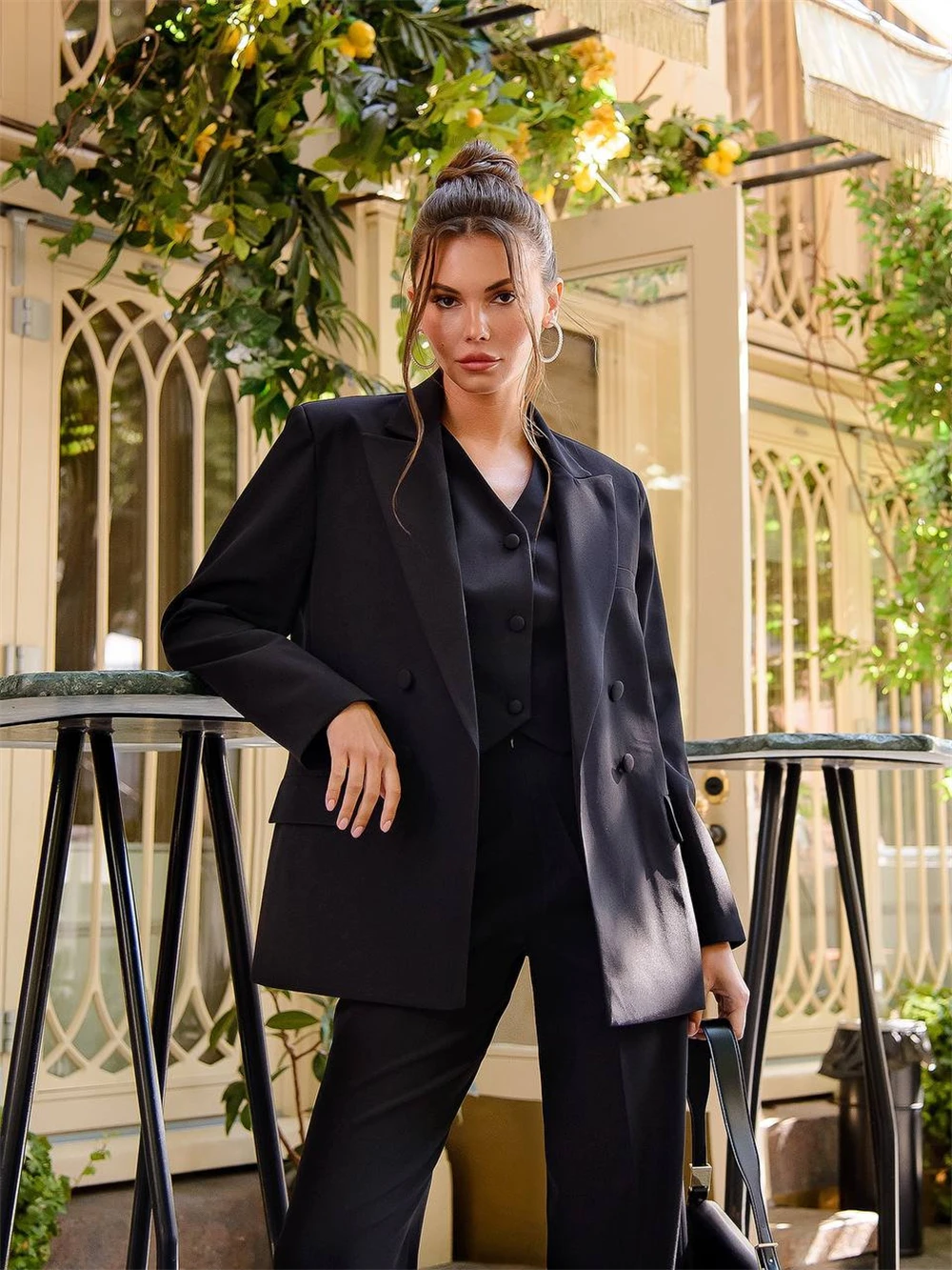 Três Pieve Suit Colete abotoado com calças de perna larga Desgaste do escritório para as mulheres Ternos Formatura Suit Set Wedding Guest Customized