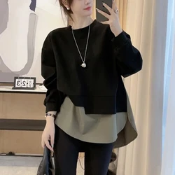 Loose and Slimming Round Neck Hoodie for Women Mid to Long Length Fake Two-piece Flesh Covering Top