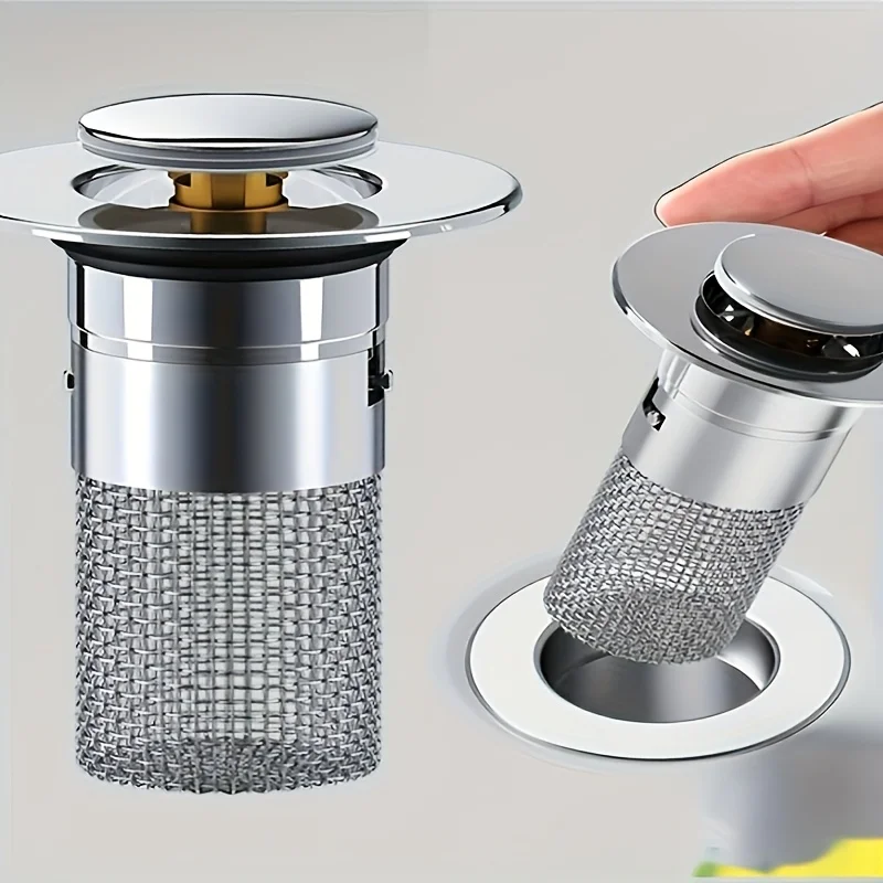 

1 телескопическая сливная пробка для раковины из нержавеющей стали, фильтр для волос в ванной, простая в установке и очистке, двухслойная, с защитой от загрязнений.