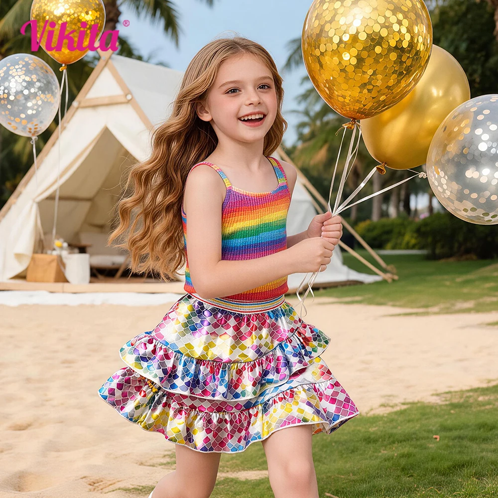 VIKITA Mädchen-Rock mit Regenbogen-Meerjungfrauenschuppen, 3-lagiger Rüschenrock für Kinder, glänzender, holografischer Rüschenrock für Geburtstagsfeiern, Tanz, Strandröcke