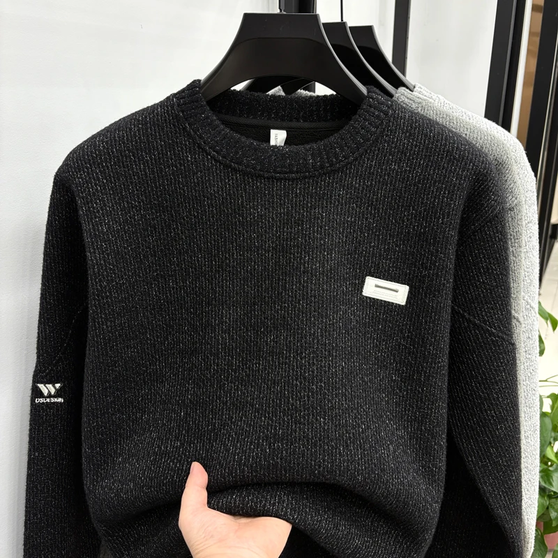 men's autumn winter high quality fleece-lined thicken long sleeves pullover round neck keep warm sweater leisure men clothing