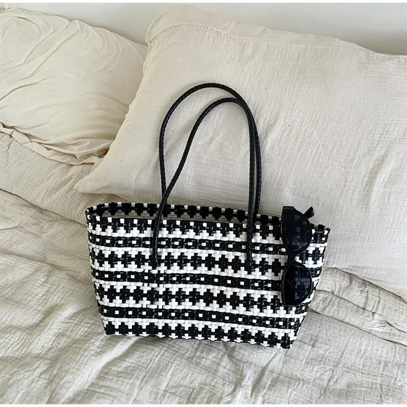 Handgefertigte Colorblock-Webtasche, Damen-Sommer-Tragetasche, Sommer-Einkaufstasche für Strandurlaub, Picknick, Haustiertransport – Detail 21