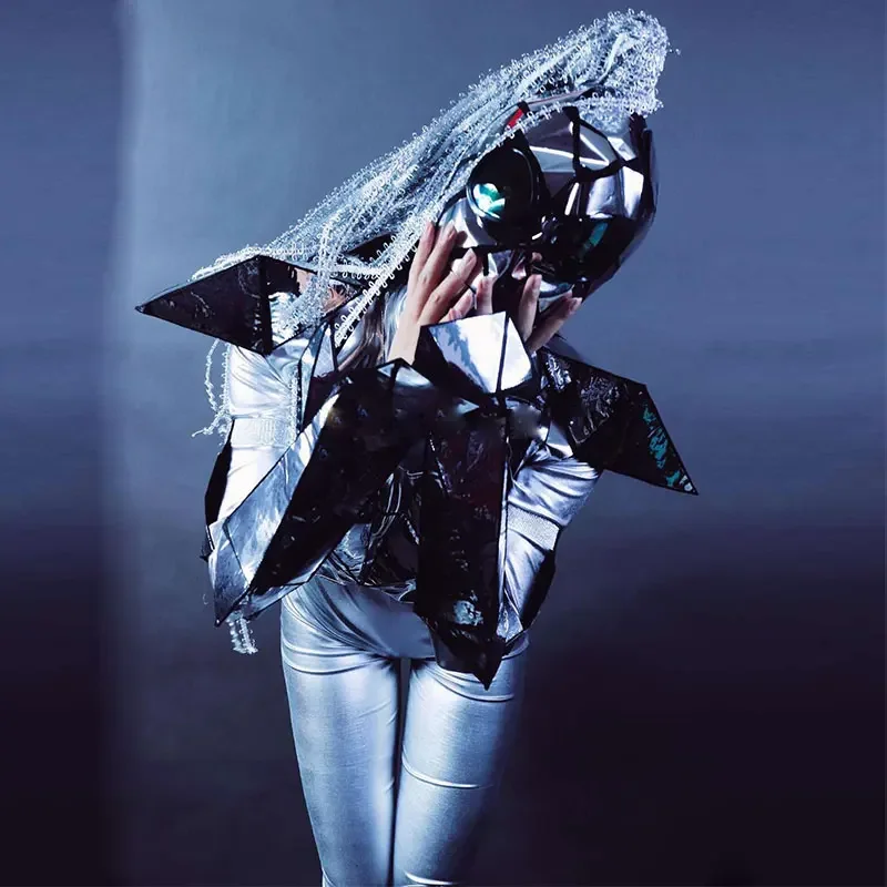 Silver Mirror Costume for Women Stage Jumpsuit Set Soldier Gogo Dance Team Party Rve Costume Mask New Future Technology