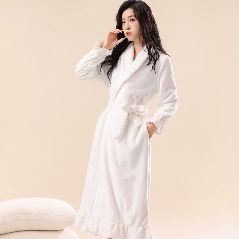 Ladies Autumn Winter Thickened Flannel Robe Sexy Large Size Home Clothes Mid-Length Sleepwear Comfortable V-Neck Court Style