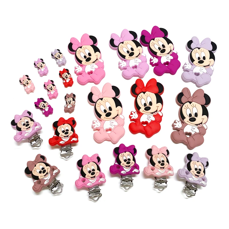 1/5/10pcs Silicone Disney Minnie Teether Clip Beads DIY Customizable Pacifier Chain Clips Beads pen Toy Accessories