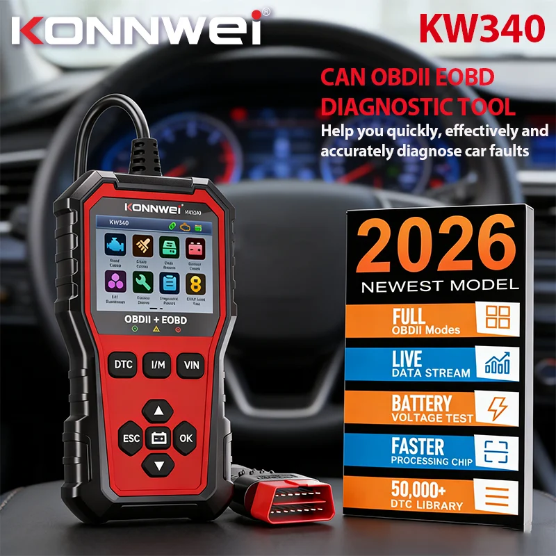 

Диагностический сканер KONNWEI KW340 2026 года для автомобилей OBD2, CAN, EOBD 3-в-1: тестирование аккумулятора, чтение кодов неисправностей, очистка данных, отчеты о диагностике в реальном времени