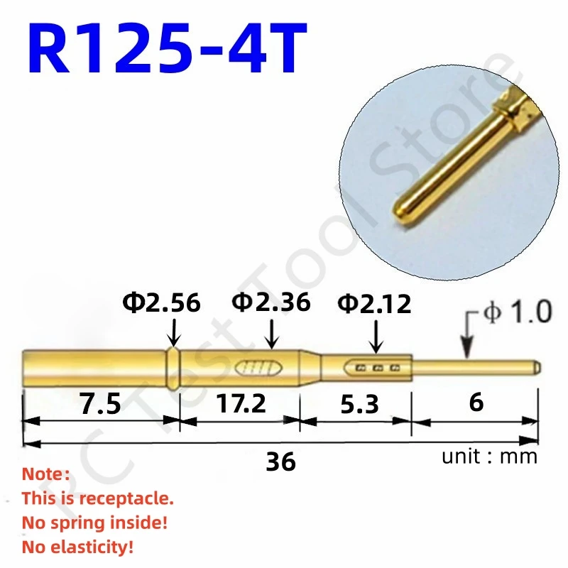 

20/100PCS R125-4T Test Pin P125-B P125-B1 Receptacle Brass Tube Needle Sleeve Seat Crimp Connect Probe Sleeve 36mm Dia 2.36mm