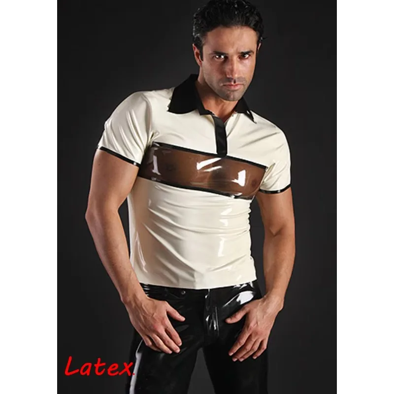 Sexy White Short Sleeve Mens Latex Top T-Shirt Tight Rubber Gummi Turn-Down Collar Custom