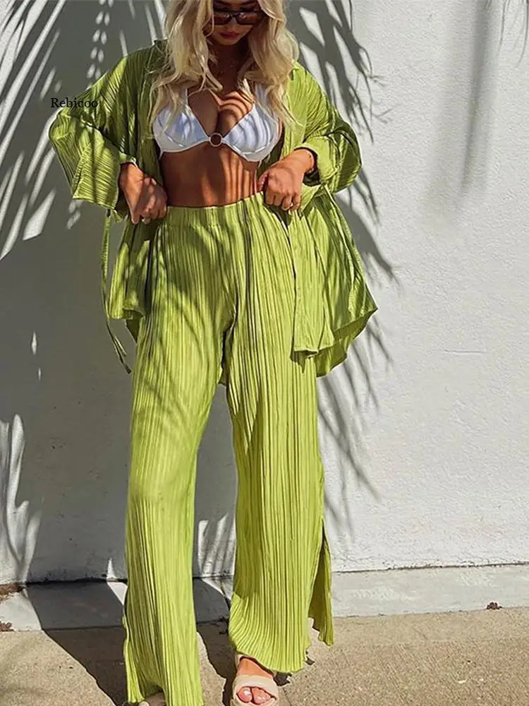 

Women Pleated 2 Piece Sets Long Sleeve Blouse Tops And Split Wide Leg Pant Suit 2022 Female Fashion Casual Loose Homewear Outfit