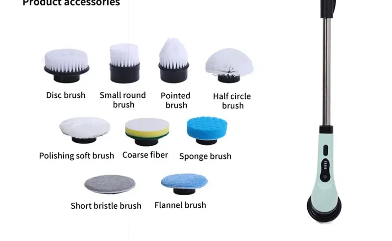 Simplify everyday cleaning with a rechargeable electric spin scrubber featuring an extension handle, interchangeable brush heads, USB-C charging, and a battery display.