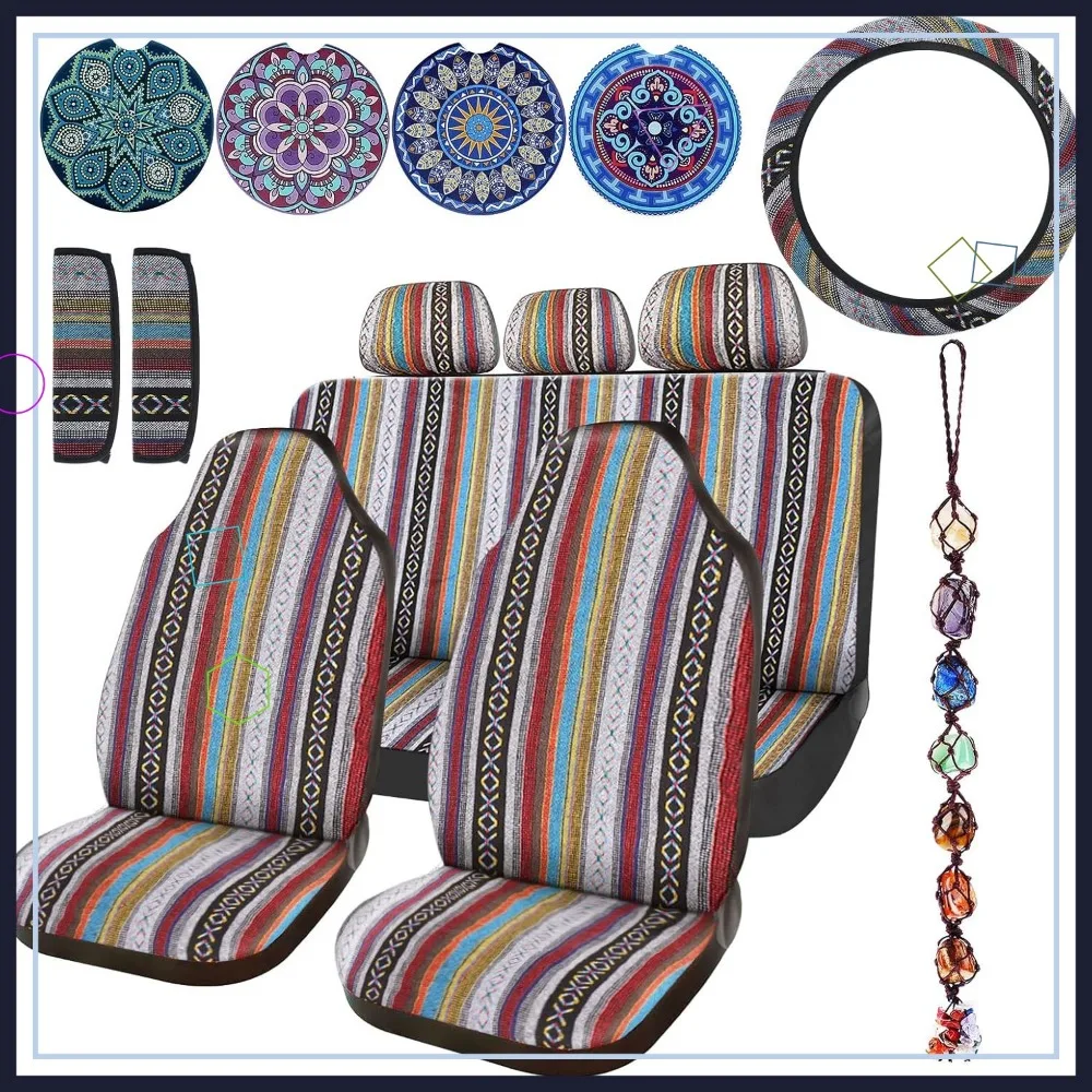

14-Piece Multicolor Stripe Car Seat Covers Set with Steering Wheel & Accessories for Small/Medium Sedans
