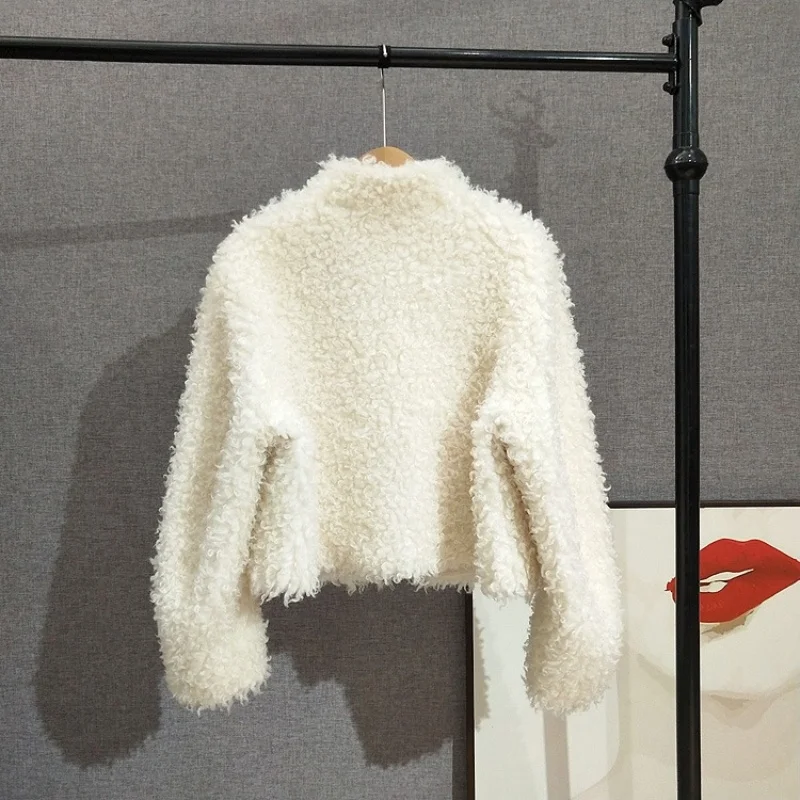 Women's Short Stand Collar Real Wool Fur Jacket Lady Girl Sheep Shearling Warm Winter Coat JT534