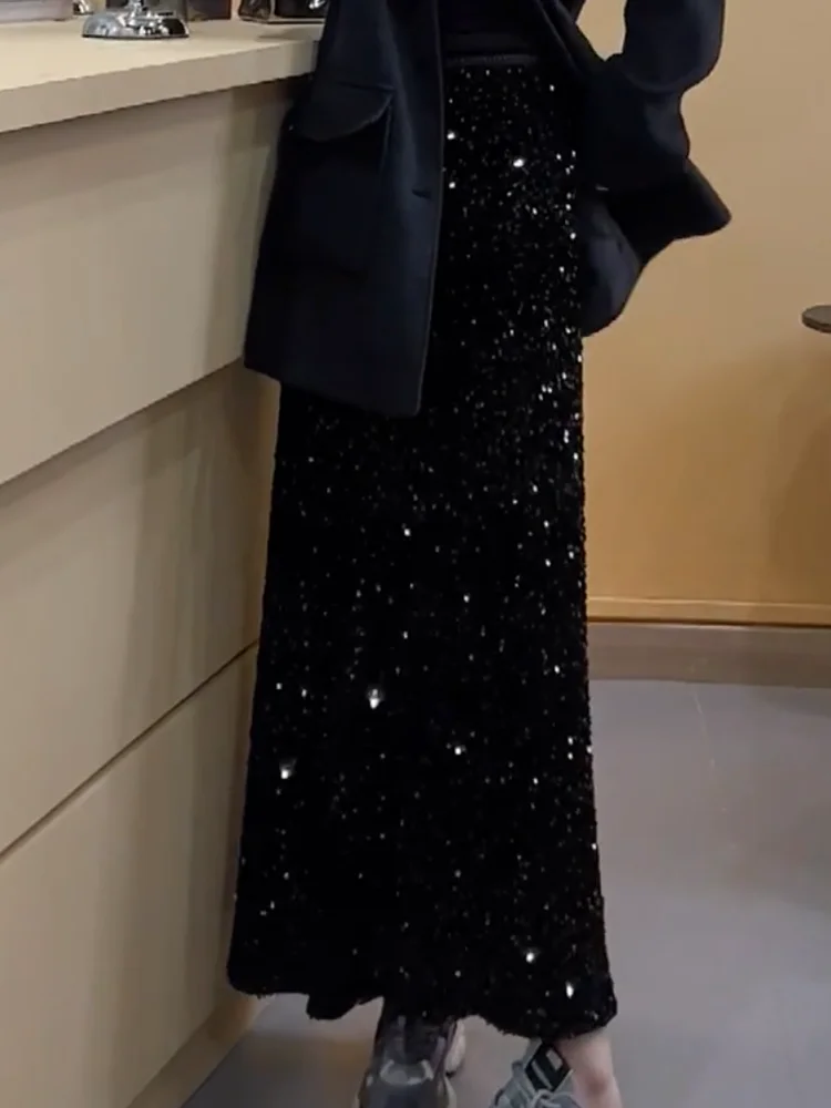 

Модная женская длинная юбка с высокой талией и черными пайетками, весна 2025, новинка, универсальная, стройнящая