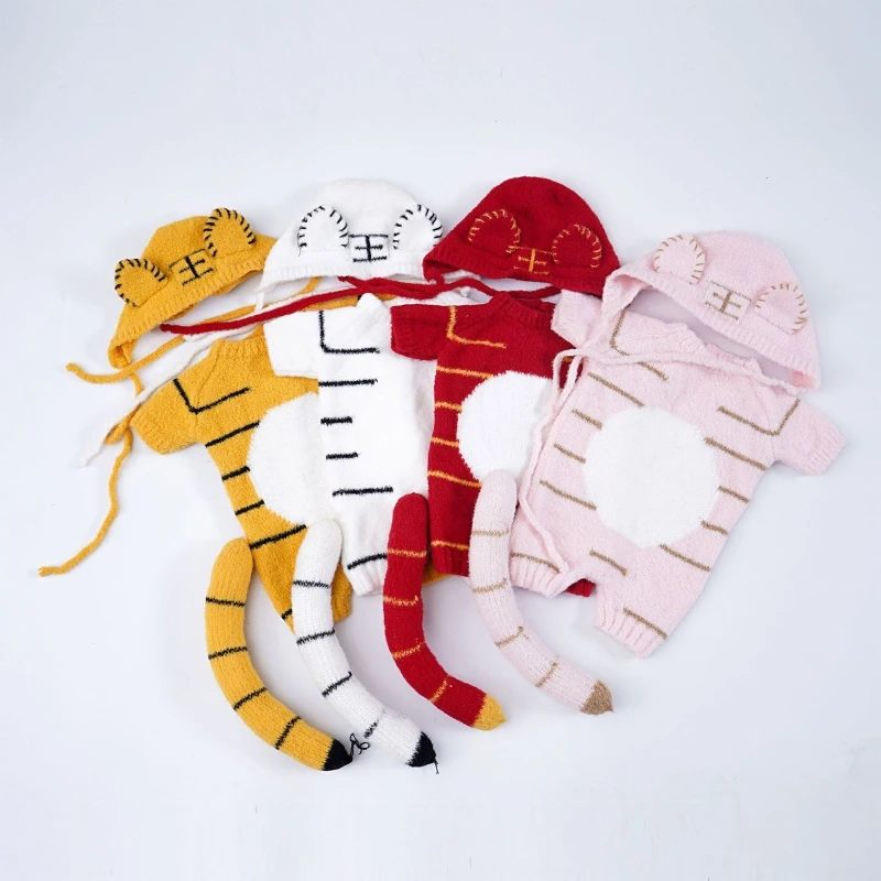 Baby Photography Clothes Set Crochet Cute animals Costume Tiger Outfit Baby Boy Romper And Hat Newborn Photograph Props