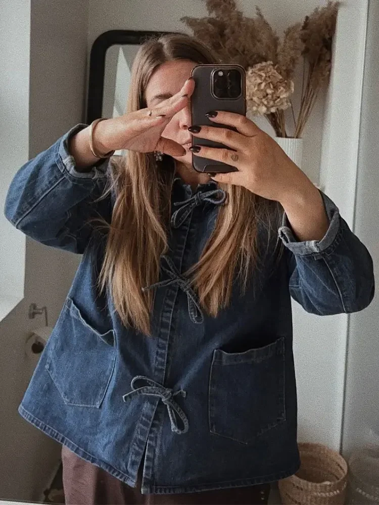 Fashion Denim Bow Lace-up Shirt For Women Casual Lapel Long-sleeved Blue Blouse 2024 Female Chic Office Ladies Streetwear