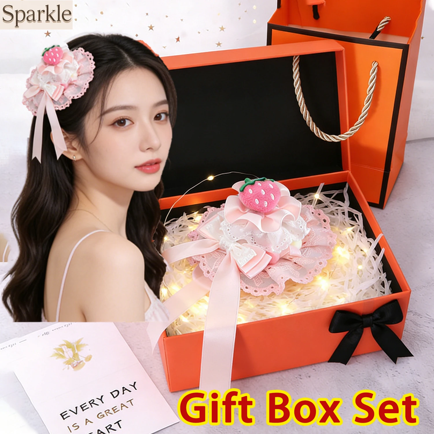 Kawaii Strawberry Lace Hair Clip | Sweet Lolita Ruffled Bow Hair Accessory | Gift Box Set for Cosplay & Daily Wear