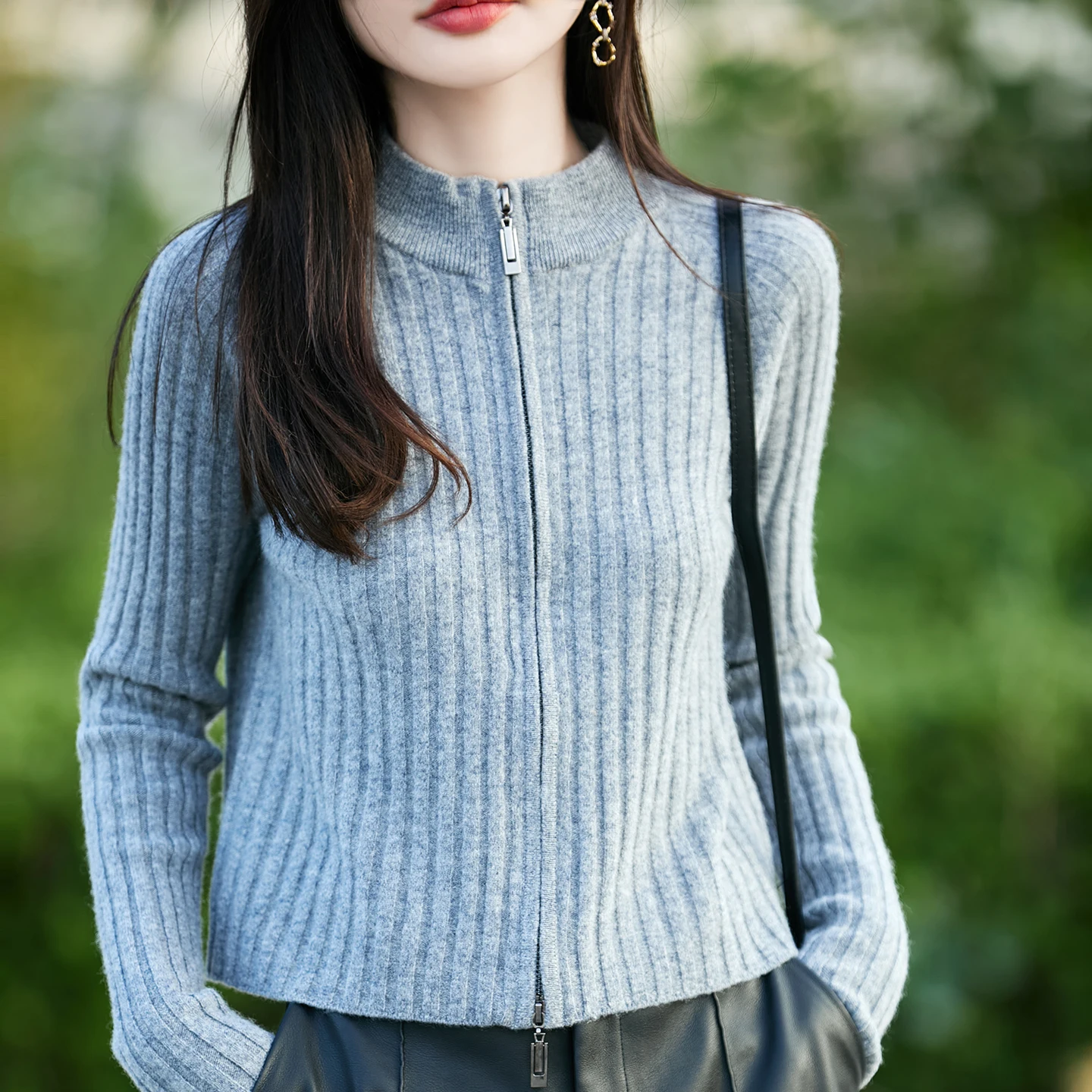 

Женский вязаный кардиган из 100% мериносовой шерсти, однотонный кардиган с воротником-молнией и длинными рукавами, осенне-зимняя одежда, теплый удобный топ