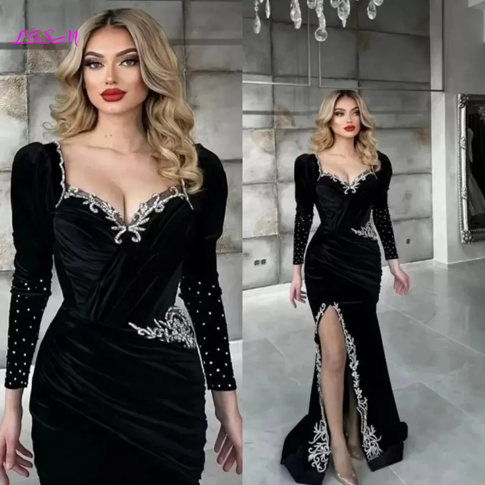 

Sexy Black Velvet Mermaid Evening Dress For Women Beaded Appliques Long Sleeves Side Split Prom Party Gowns Celebrity Dresses