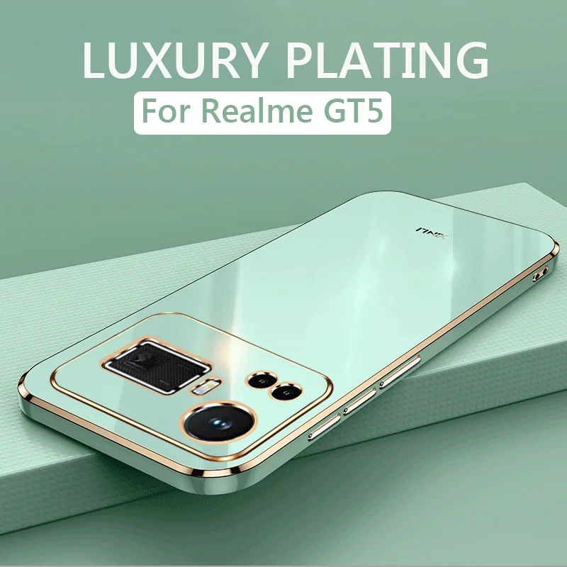 Funda on For Oppo realme GT5 240W 5G Luxury square plating phone case For orro ops realmeGT5 shockproof soft silicone back cover